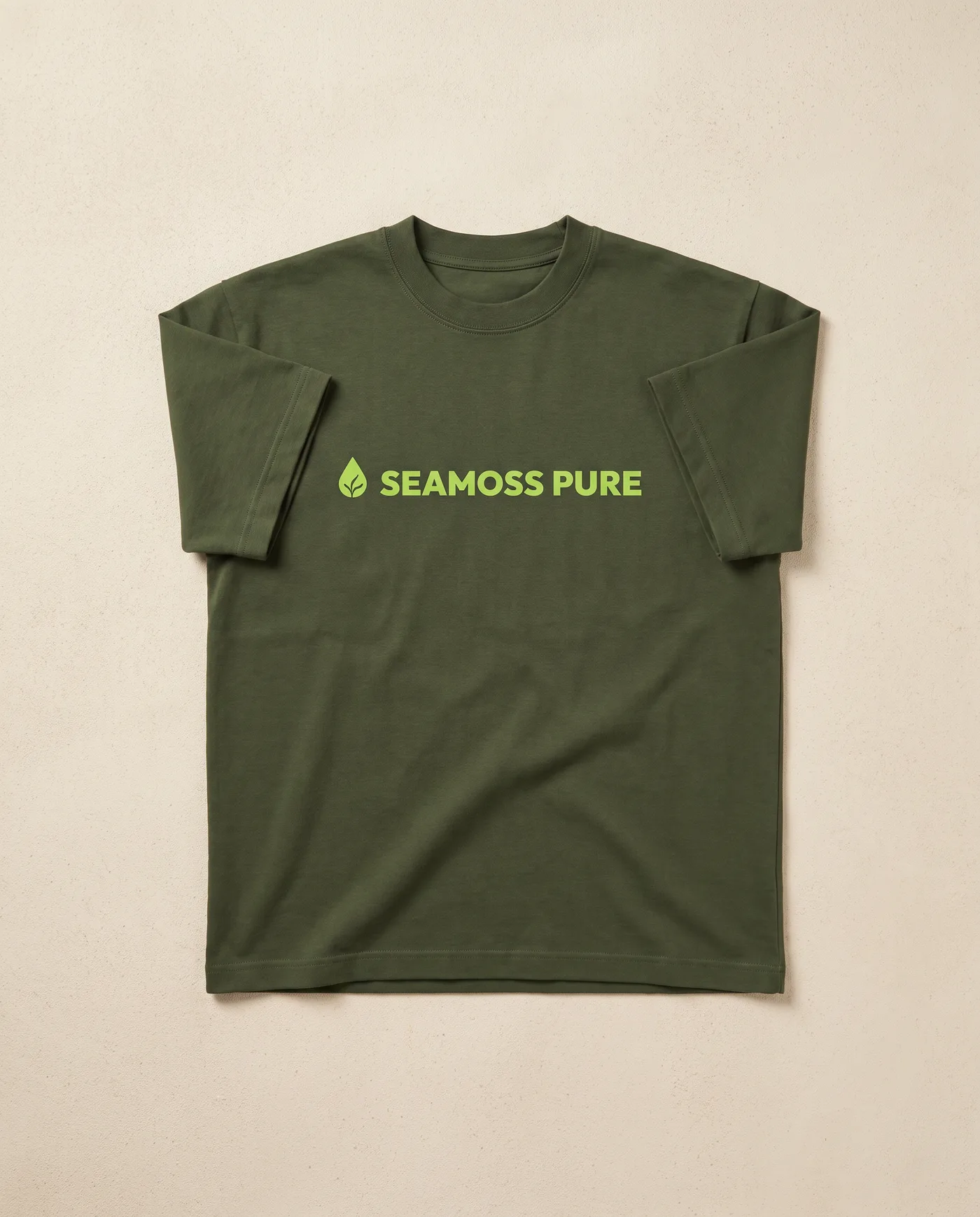 A deep olive heavyweight t-shirt with the horizontal logo printed in lime.