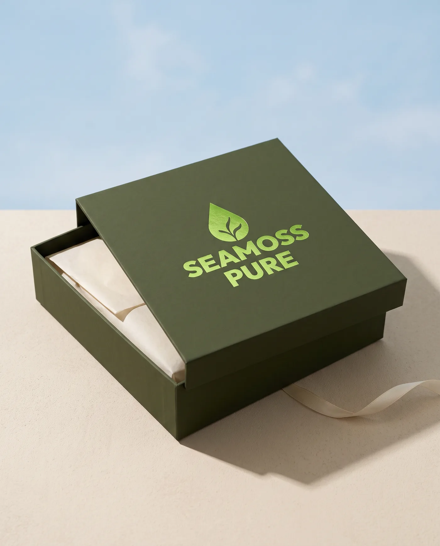 A deep olive rigid gift box with the stacked logo foil-stamped in lime.