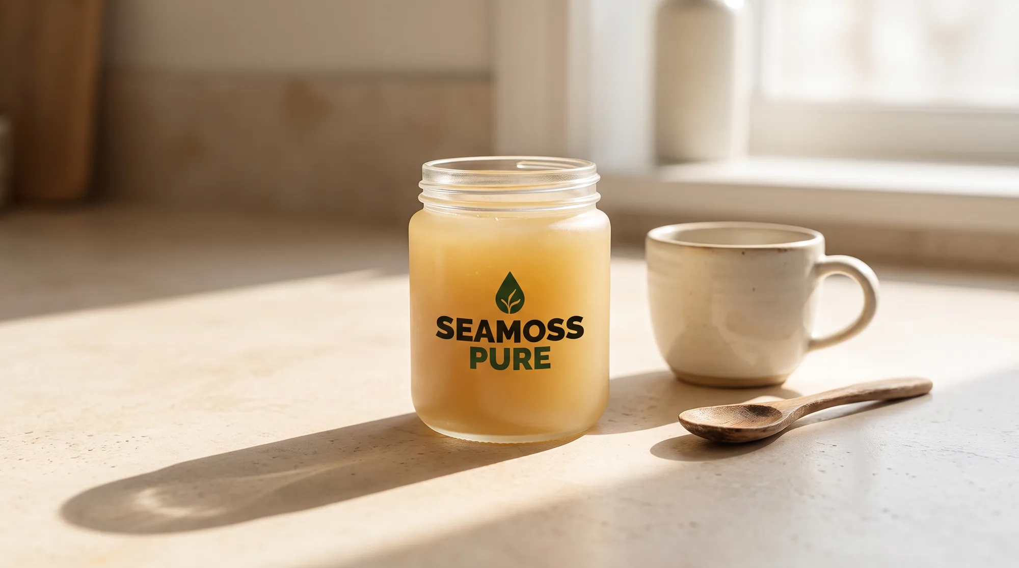 A jar of sea moss gel on a kitchen counter beside a coffee cup in morning light.