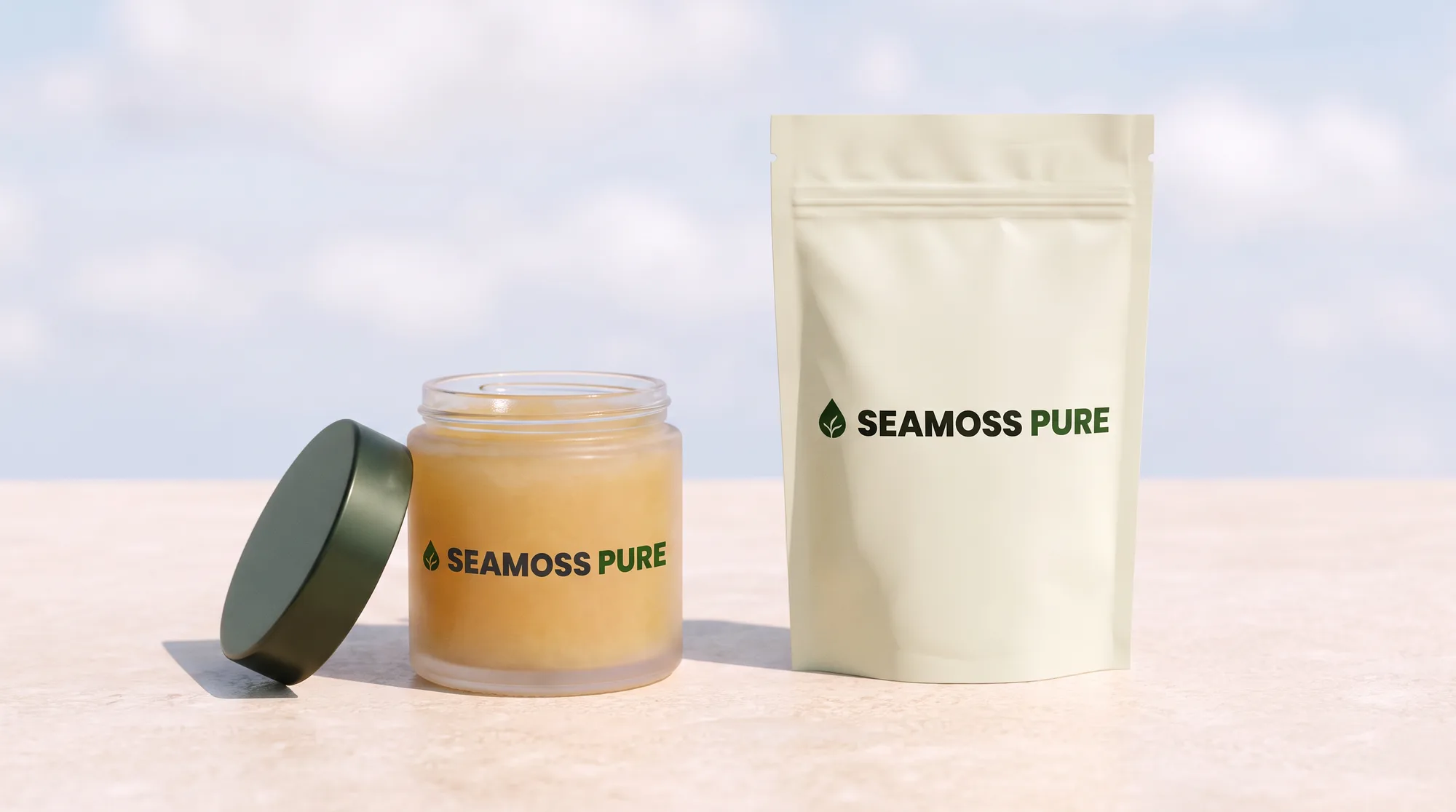 A frosted jar beside a stand-up refill pouch against an open sky.