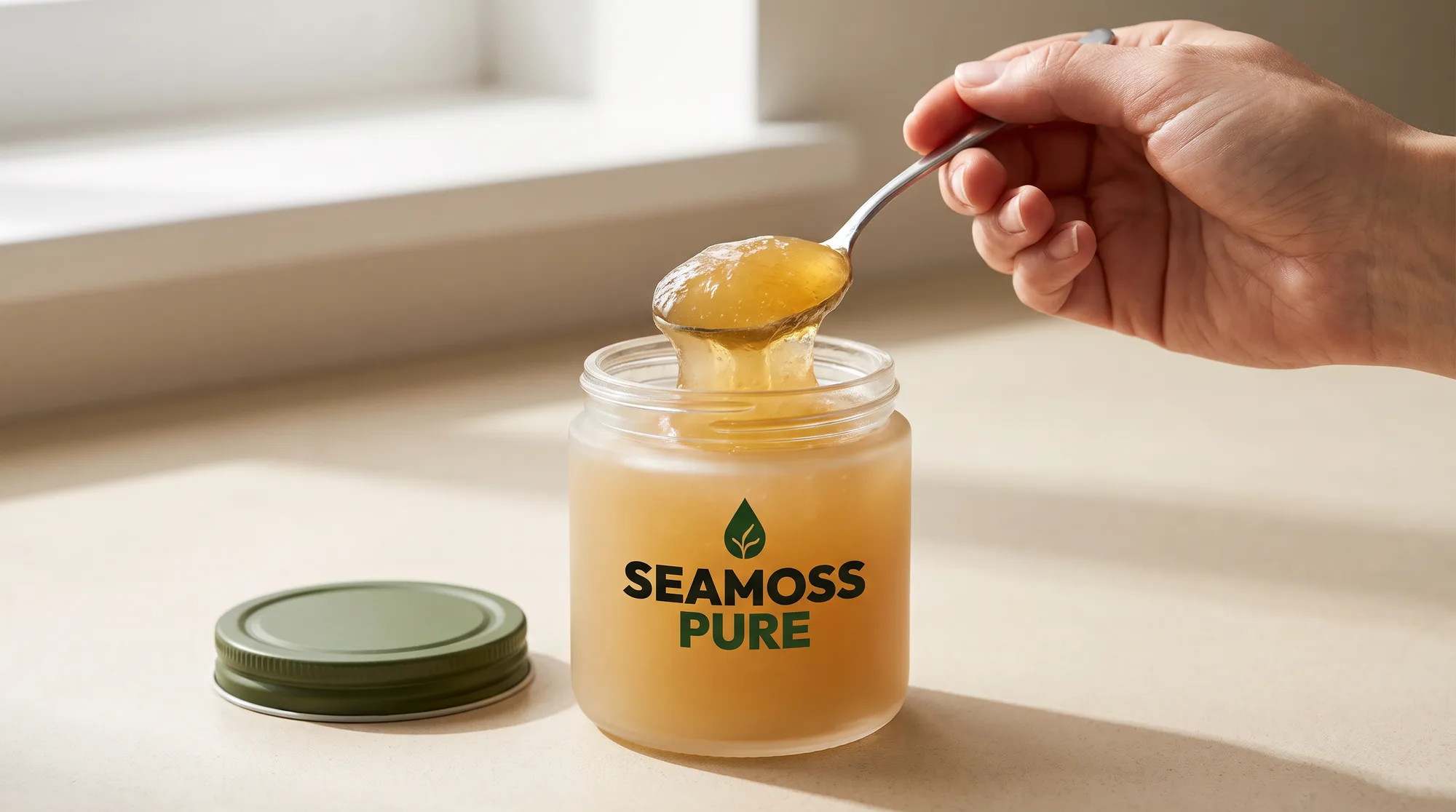 A hand lifting a heaping spoonful of golden sea moss gel from an open frosted jar.