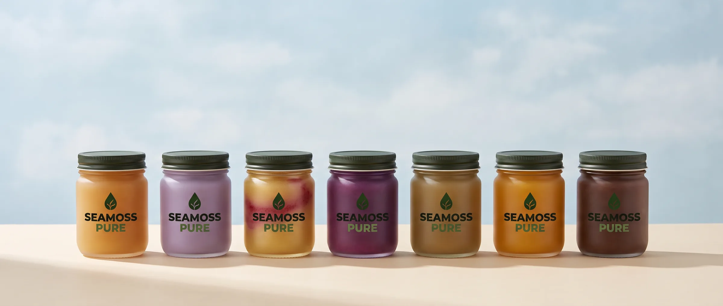 Seven frosted jars of sea moss gel in a row against an open sky, each showing a different tint through the glass.