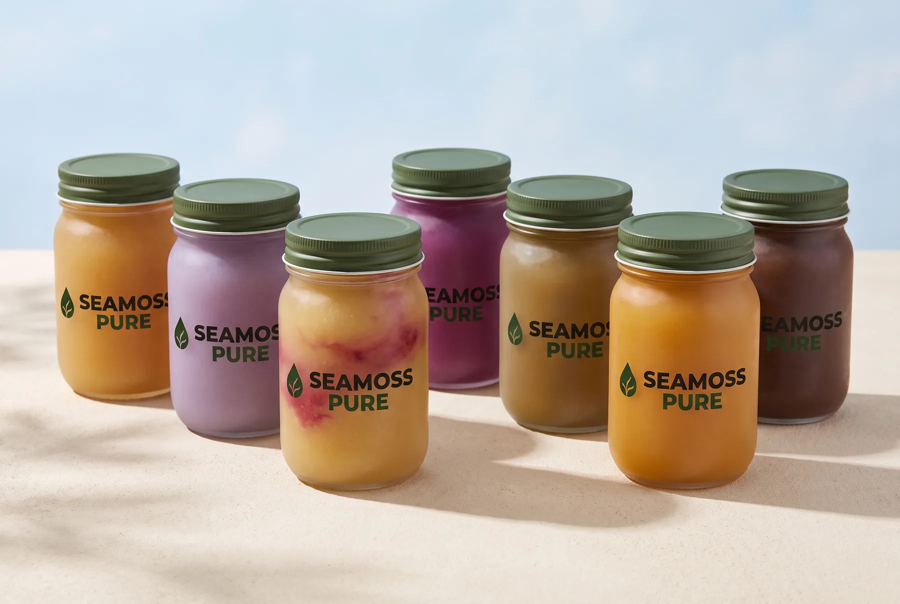 The seven flavours of sea moss gel in a row.