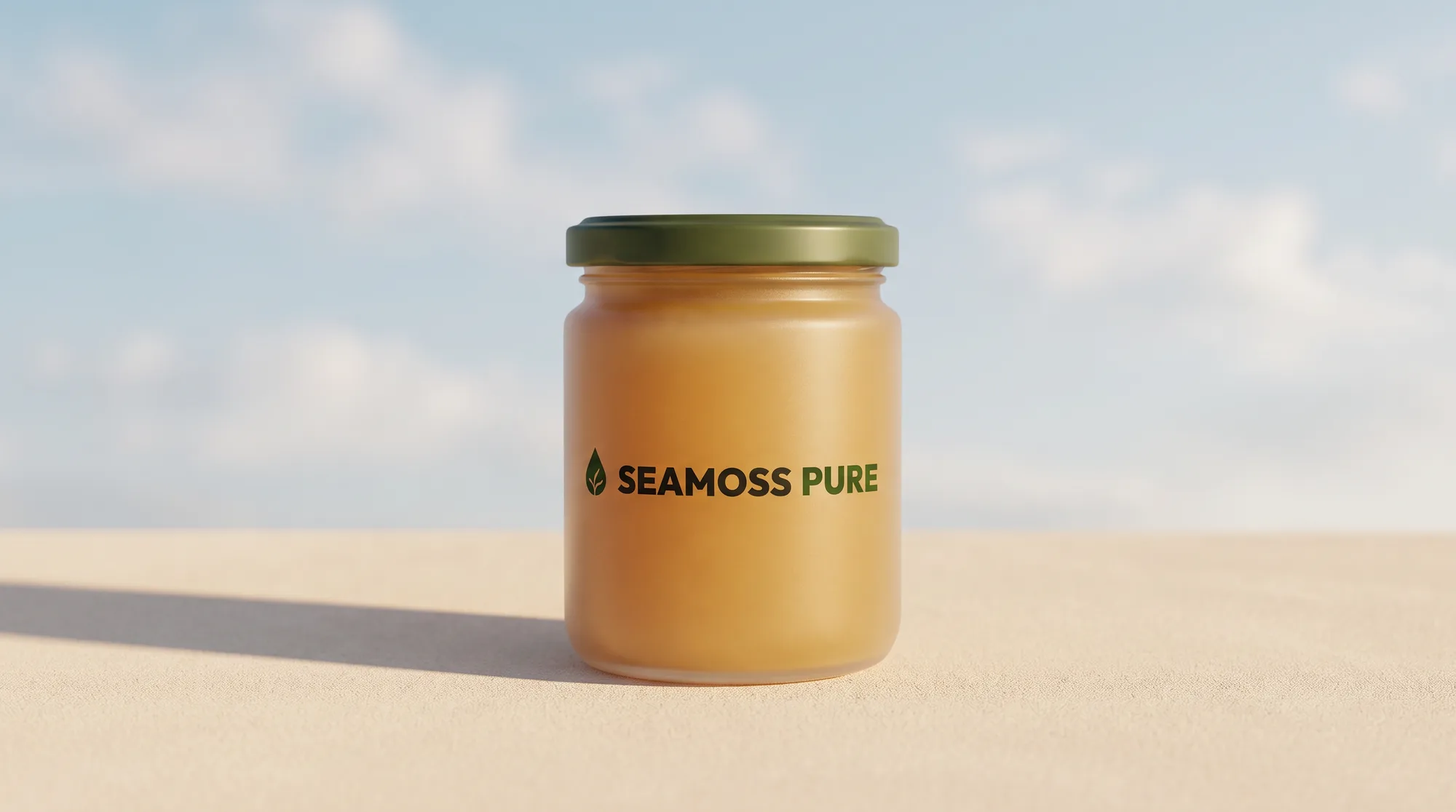 A jar of sea moss gel in soft light.